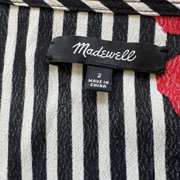 Madewell Black White Red Striped Floral Candied Orchids Wrap Ruffle Dress Size 2 - Picture 9 of 12